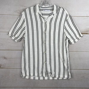 Zara Shirt Mens M Cream Black Striped Button Up Short Sleeve Linen Rayon Blend - Picture 1 of 8