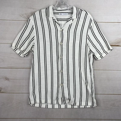 Zara Shirt Mens M Cream Black Striped Button Up Short Sleeve Linen Rayon Blend - Image 1 of 4