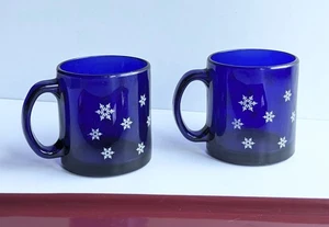 Set Of 2 Vintage Libby Winter Snowflake Cobalt Blue Glass Mugs Coffee Cup As Is - Picture 1 of 13