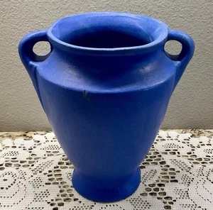 Vintage Primitive Blue Stoneware Pottery Vase Double Handle 8" - Picture 1 of 11