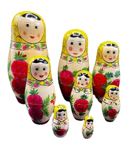 Nesting Dolls Set Of 9 Hand Painted Wood Russian Floral Yellow Red - Picture 1 of 2