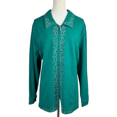 Dream Jeannes Quacker Factory 3X NWT Green Rhinestone Full Zip Fancy Jacket - Image 1 of 4