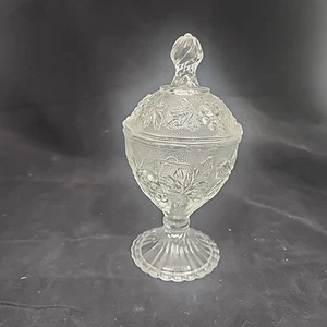 VTG Jeanette Clear Glass Grapes Pattern Pedestal Candy Dish Covered Lid 7.5" H - Picture 1 of 8