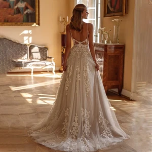 Custom V-Neck Lace Appiques Glitter Tull Wedding Dress Aline Sleeveless Backless - Picture 1 of 12