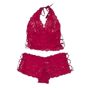 Fredrick's of Hollywood Red Lace Criss Cross Halter Two Piece Lingerie Set Sexy - Picture 1 of 7