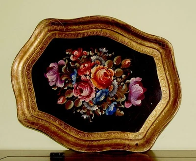 Vassoio in legno Arte Veneziano Motivo floreale Dipinto a mano Vintage - Immagine 1 di 4