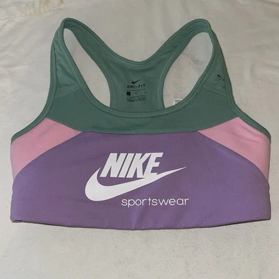 Nike Dri-FIT Swoosh Women's Large Racerback Sports Bra Purple Pink Green Logo - Image 1 of 4