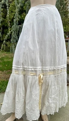 ANTIQUE EDWARDIAN WHITE COTTON PETTICOAT W/ EMBROIDERY & RIBBON - Image 1 of 4
