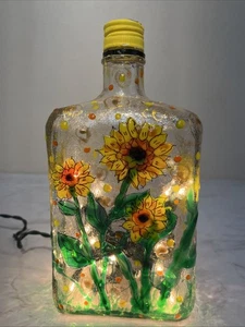 Floral Sunflower Hand painted Lighted Stained Glass Bottle - Picture 1 of 14