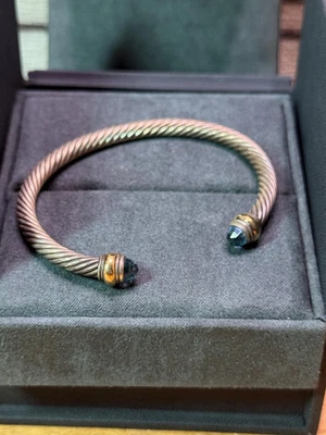 Brazalete David Yurman Plata de Ley Oro 14K Topacio Azul 7mm Cable 6.5" Foto 1 de 4