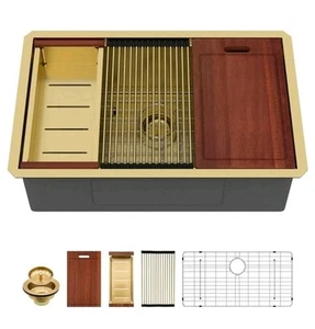 Sarlai 30 Inch Gold Undermount Kitchen Sink - 30" x18" Kitchen Sink Ledge - Picture 1 of 14