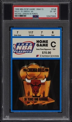Boleto de playoffs de la NBA Michael Jordan 44pts PSA 6 mejor calificado de los Bulls 5 de mayo de 1996 Foto 1 de 2