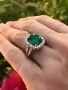 Natural Emerald 3.00Ct Cushion Cut Halo Engagement Ring 14K White Gold Plated - Picture 1 of 7