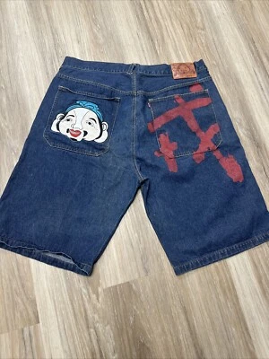 Men Evisu VTG 90s Y2K Denim Jean Shorts Button Fly Embroidered Face Logo Size 42 - Image 1 of 4