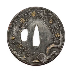 Tsuba Plum tree Design Shakudo Japanese Antique Sword Fittings Samurai Katana - Picture 1 of 23