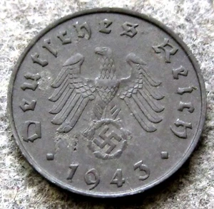 GERMANY THIRD REICH 1943 B 10 REICHSPFENNIG Eagle Holding Swastika, ZINC - Picture 1 of 6