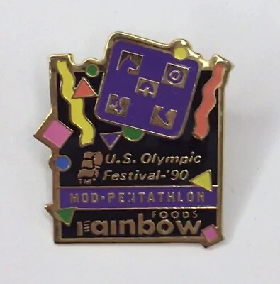 Prendedor sombrero solapa vintage Rainbow Foods Festival Olímpico de Estados Unidos 1990 MOD PENTATHLON Foto 1 de 3