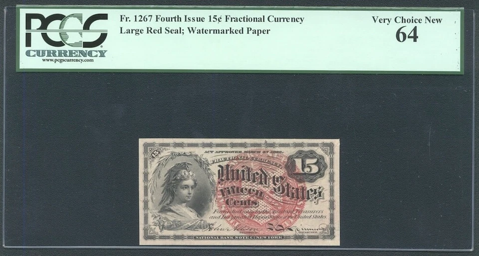 U.S 1869-75 15 CENTS FRACTIONAL CURRENCY FR-1267, CERTIFIED PCGS UNCIRCULATED-64 - Image 1 of 2