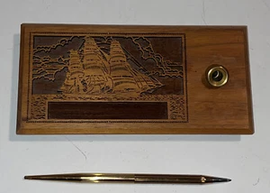 Vtg Lasercraft Desk Set Pen Holder Wood Walnut Ship Sailing Nautical Masculine - Picture 1 of 8