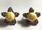 Vintage 1950S Miriam Haskell Faux Baroque Pearl Floral Clip On Earrings Signed