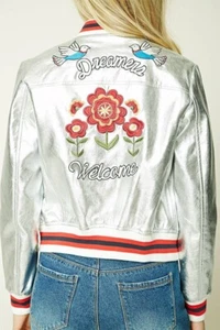 Forever 21 Dreamers Welcome Embroiled Jacket Silver Size M - Bild 1 von 9