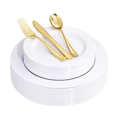150 PIEZAS Platos de Plástico Blanco, Juego de Cubiertos Dorados, 60 Platos, 30 Tenedores, 30 Cuchillos Foto 1 de 4