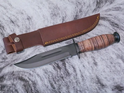 12" Kbar Style Survival Combat Knife Military Marines Black Blade Leather Handle - Image 1 of 4