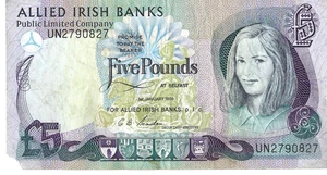 1990 Allied Irish Banks, Five Pound, O'Keiffe, £5 Banknote, N. Ireland UN2790827 - Bild 1 von 5