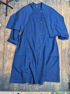 Vintage saks fifth avenue Wool Check Blue Black Coat Caped Shoulders Size Medium - Picture 1 of 15