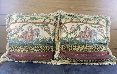 VTG Ethan Allen Set of 2 Decorative Tapestry African Jungle 2 sidedThrow Pillows - Image 1 of 4