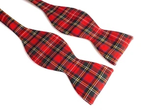 Vintage Retro TIE RACK Pure SILK Bow Tie Self Tie Red Green Multi Tartan - Picture 1 of 9