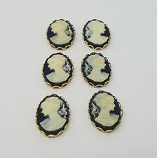 3 pair 18mm VTG Black Victorian Lady Craft Jewelry Cameos Gold Filigree Settings