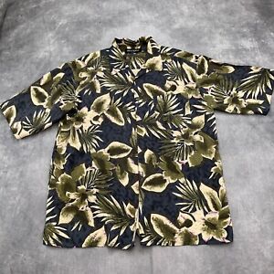 Brandini Shirt Men Large 44 Black Green Purple Tropical Aloha Orchid Silk Casual