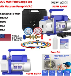 A/C Manifold Gauge Set 3CFM 4CFM Air Vacuum Pump HVAC+R134A R502 R22 R12 Kit A/C - Picture 1 of 53