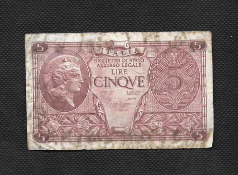 Italy,  5 Lire Old Circulated Banknote 1944 Cover