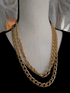 Vintage Double strands Chuncky Gold tone Texture Chain Statement Necklace - Picture 1 of 3