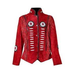 Damen Western Cowgirl Wildleder Perlen Knochen rot Lederjacke mit Fransen - Bild 1 von 3
