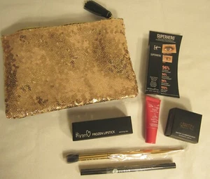 Bolsa de cosméticos IPSY de lentejuelas doradas con 5 muestras de cosméticos y 1 cepillo - Imagen 1 de 3