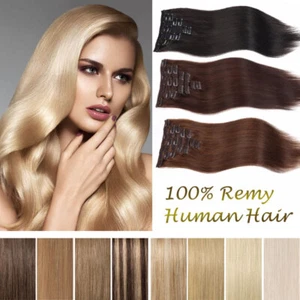 8 Pieces Full Head Single Weft Clip In Hair Extensions Real Remy Human Hair LONG - Picture 1 of 70