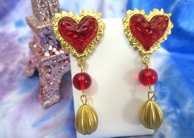 Gripoix Style Heart Valentine Earrings Pour Resin Glass Drop Gold Red Statement - Image 1 of 4