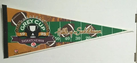 1995 Grey Cup Felt Pennant, "Huddle up in Saskatchewan" CFL Football, Grey Cup Cover