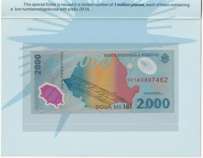 Rumania 1999, 2000 LEI, 1er prefijo 001A polímero sin circular con carpeta Foto 1 de 4