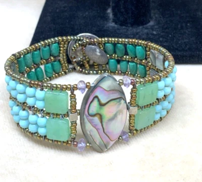 BRACCIALE ZIIO, MODELLO MARQUISE ABALONE AMETISTA CRISOPRASIO MALACHITE TURCHESE - Immagine 1 di 4