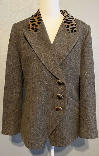 Giacca blazer vintage Christian Dior pura lana spina di pesce tweed colletto leopardato 10