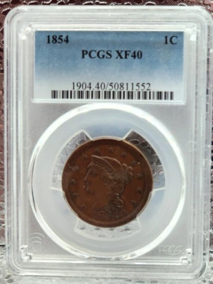 1854 Braided Hair Large Cent -  1c PCGS XF 40 - Brown -- Lot 2570 - Image 1 of 4
