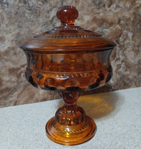 Vintage Amber Indian Glass Kings Crown Thumbprint Pedestal Dish w/Lid 7.5" - Picture 1 of 5