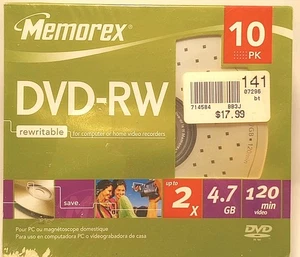 New Memorex DVD-RW 4.7GB Slim 2x Discs 10 Pack Large Storage Blank Media - Picture 1 of 7