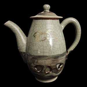 Vtg 1950s Japanese Crackle Glaze Teapot Gold Rabbit Lotus Cutout Heart Design - Picture 1 of 10
