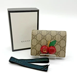 Gucci Cherry Bifold Wallet GG Supreme PVC Leather Beige Red Authentic - Picture 1 of 24