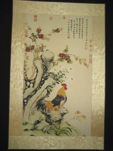 Old Chinese Antique painting scroll Rice Paper about Flowers Cock By Zou Yigui - Picture 1 of 5